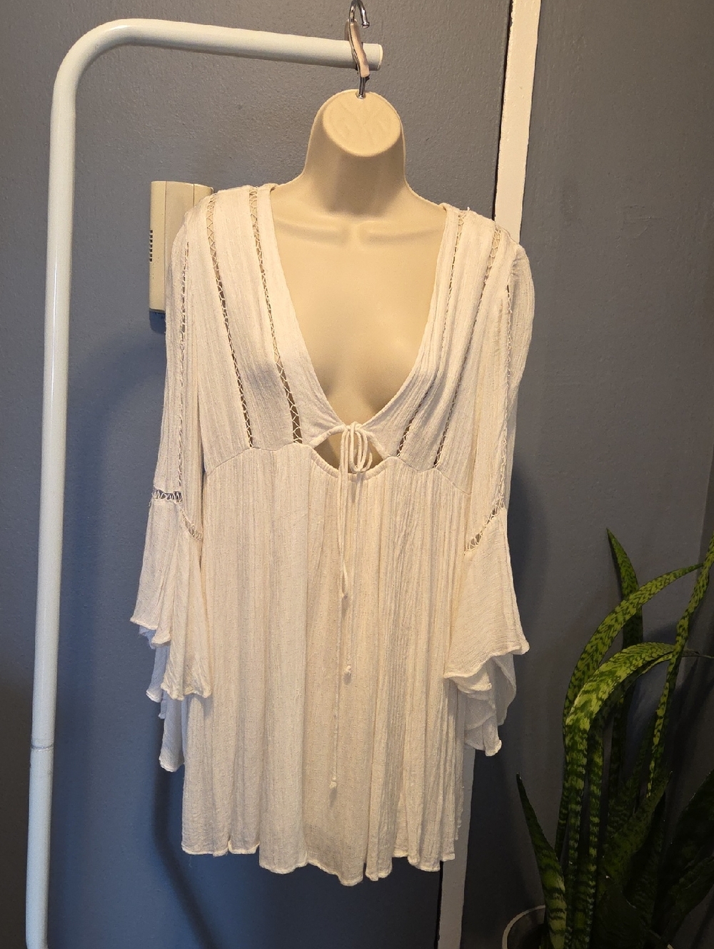 Free People Cream Boho Mini Dress with Tie Front